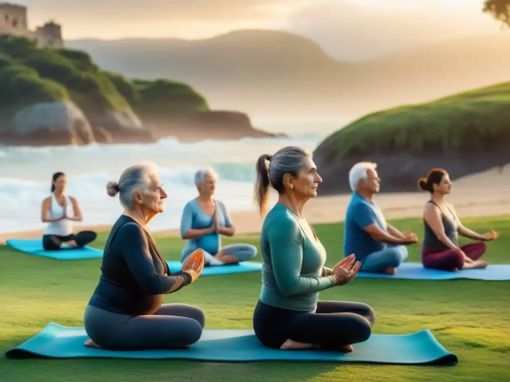 Grupo de adultos mayores practicando yoga en un parque de Uruguay al atardecer, transmitiendo bienestar integral