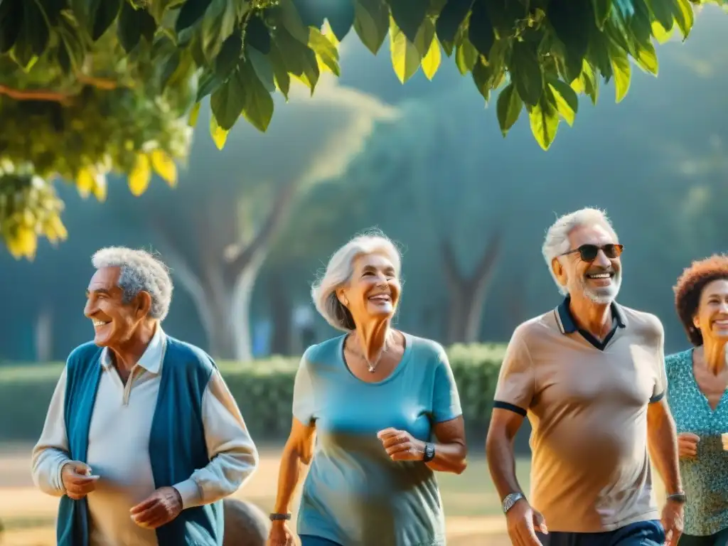 Grupo alegre de ancianos activos en un parque de Uruguay, mostrando vitalidad y salud gracias al calcio y vitamina D