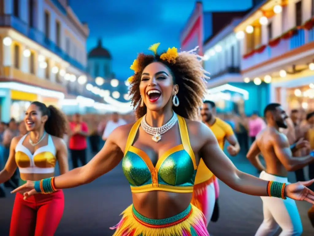 Grupo bailando con alegría en carnaval Uruguay, vibrante y colorido