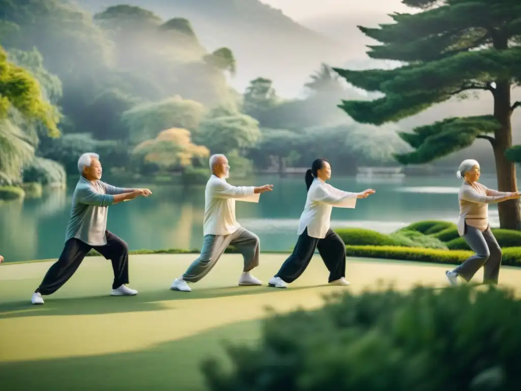 Grupo de ancianos practicando tai chi en un parque, transmitiendo paz y vitalidad