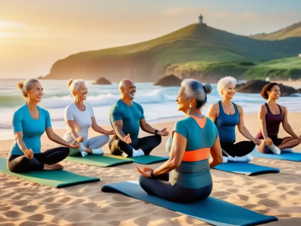 Grupo de ancianos sonrientes realizando ejercicios para fortalecer huesos en la playa al atardecer en Uruguay