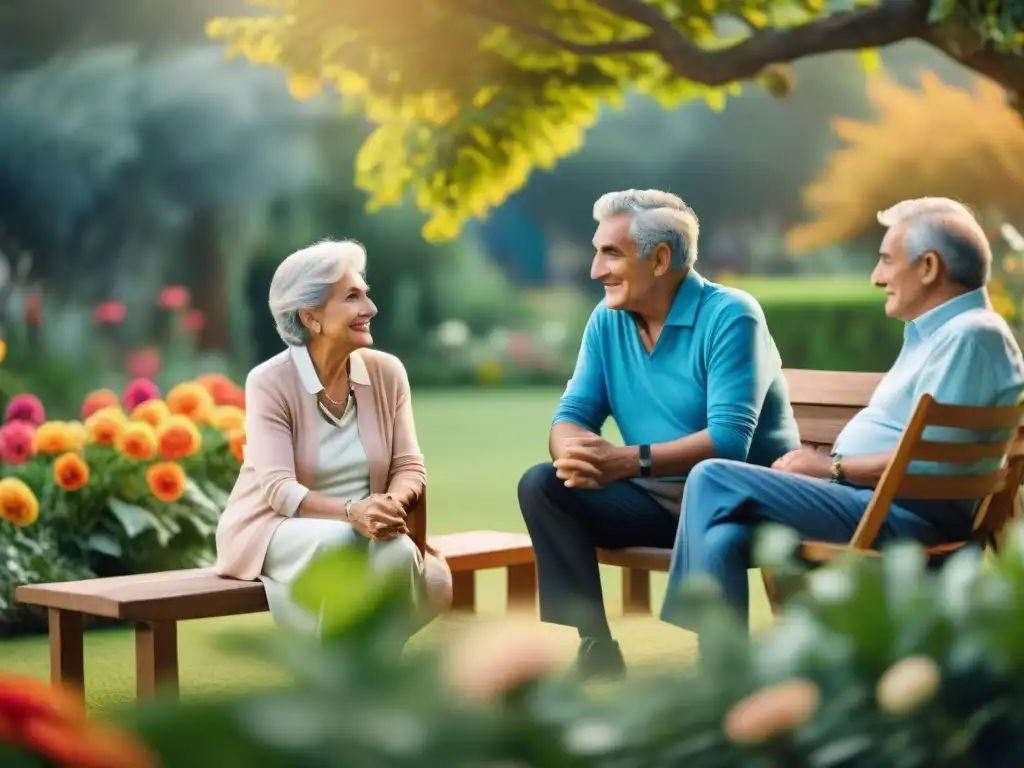 Grupo de ancianos en jardín uruguayo discutiendo planificación jubilación integral