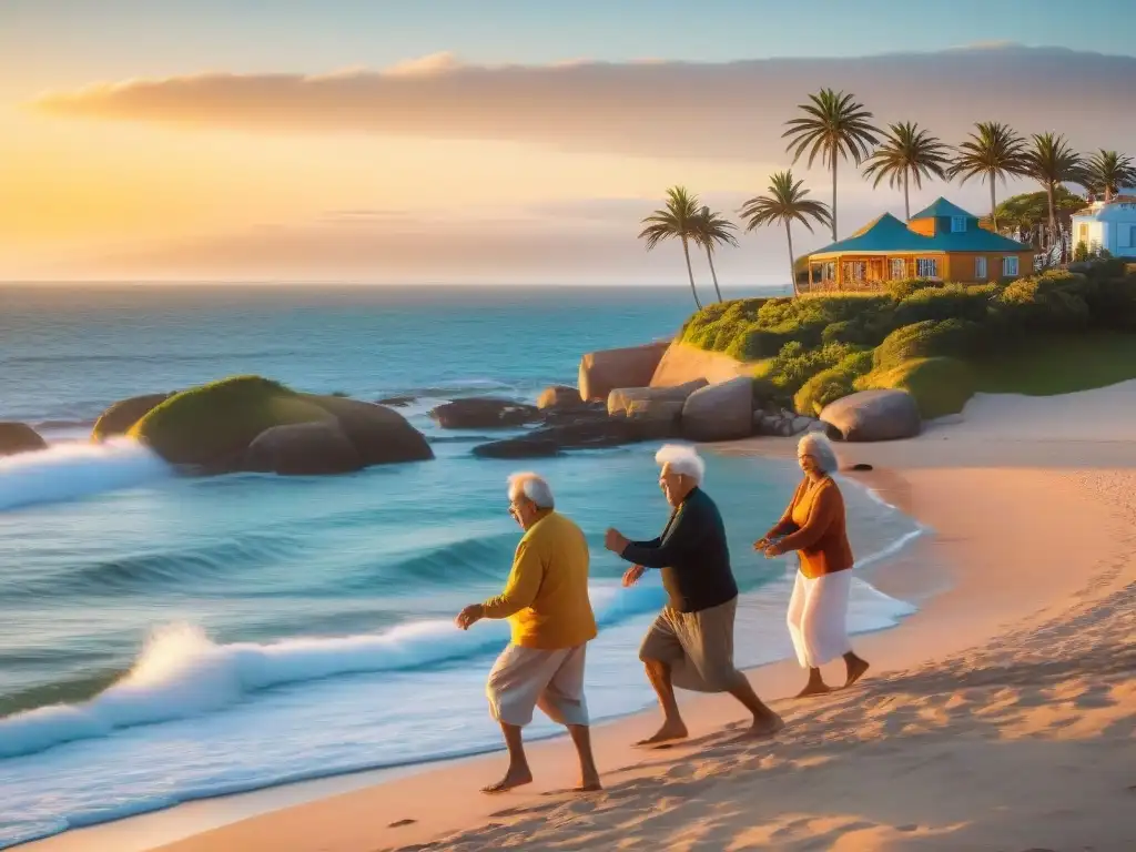 Un grupo de ancianos uruguayos bailando en la playa de Punta del Este al atardecer, reflejando un estilo de vida saludable en Uruguay