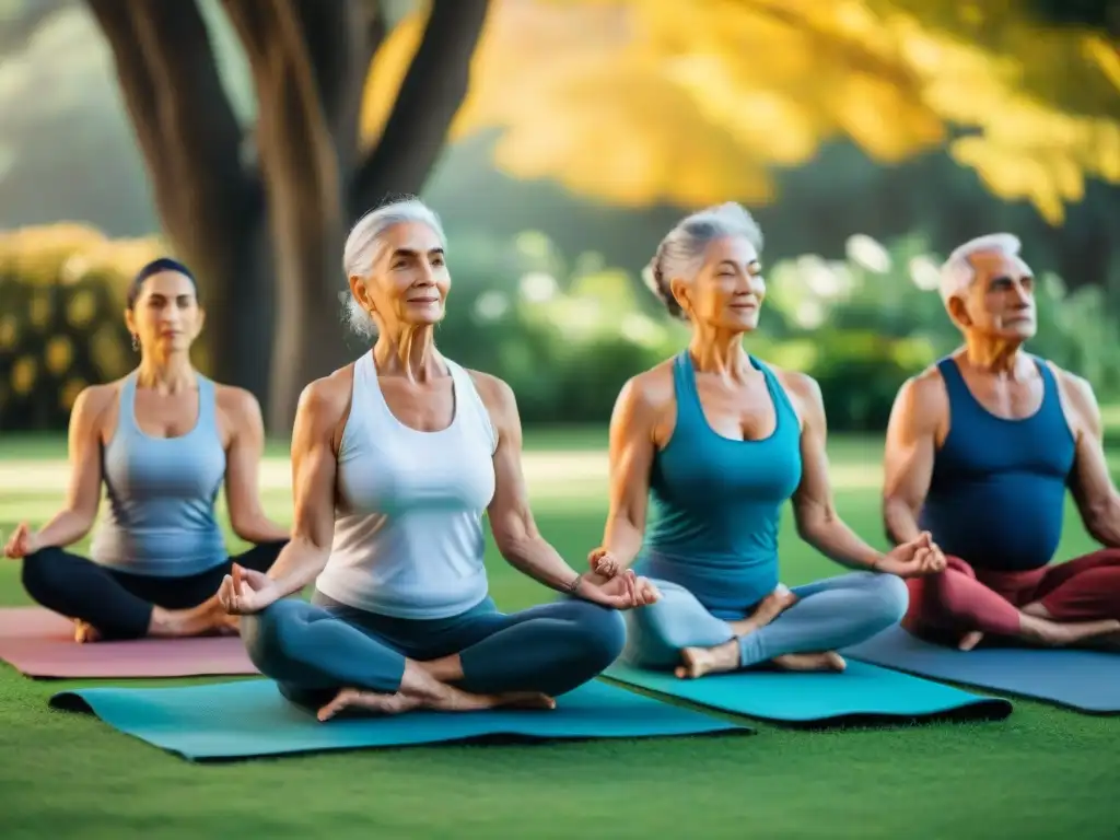 Un grupo de ancianos practicando yoga en un parque sereno de Uruguay, reflejando la belleza de envejecer con gracia