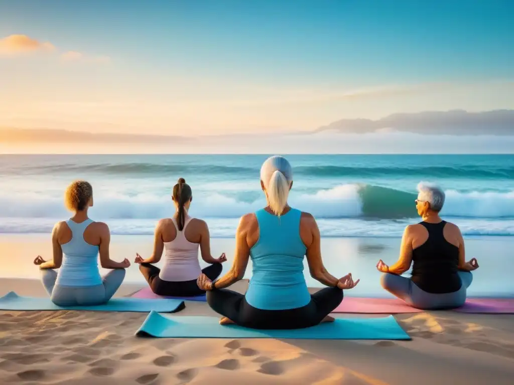 Un grupo de ancianos practicando yoga en una playa tranquila en Uruguay al atardecer