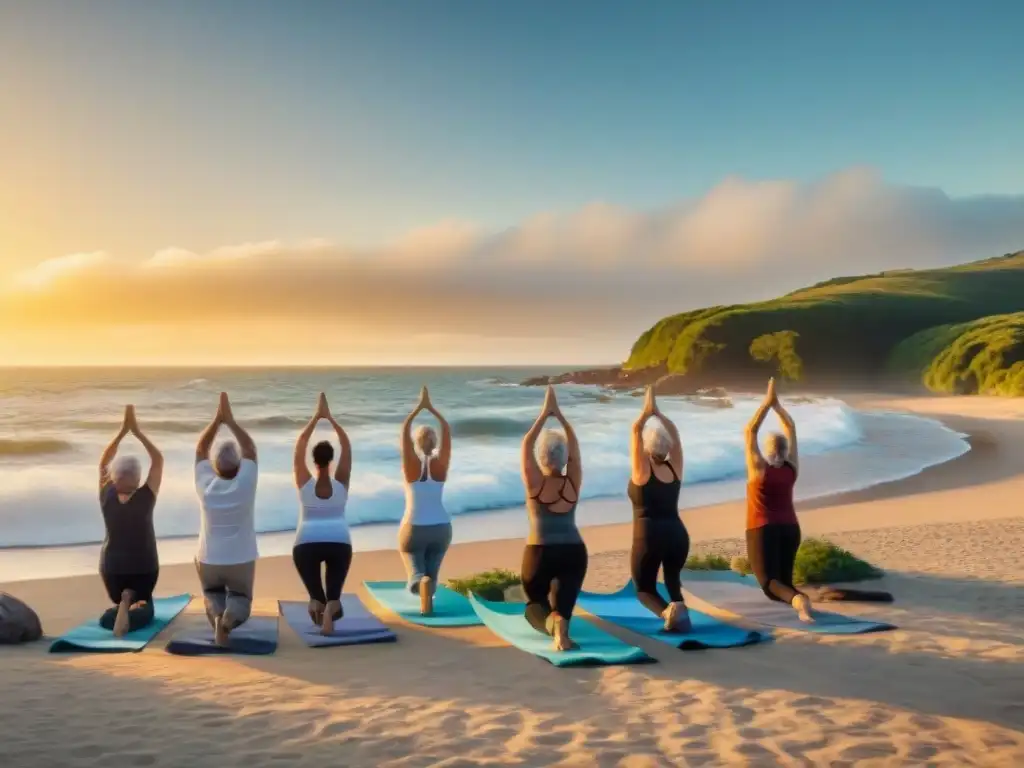 Grupo de ancianos practicando yoga en una playa serena de Uruguay al atardecer, transmitiendo bienestar y activo retiro