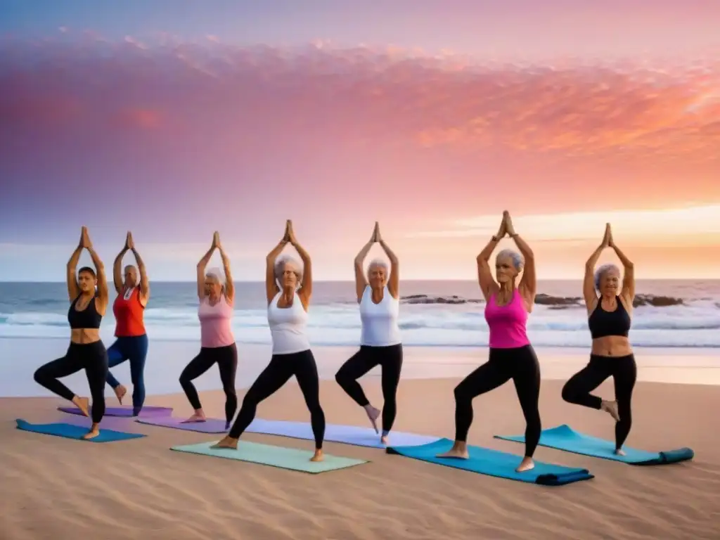 Grupo de ancianos practicando yoga en una playa de Uruguay al amanecer, reflejando envejecer saludablemente en Uruguay