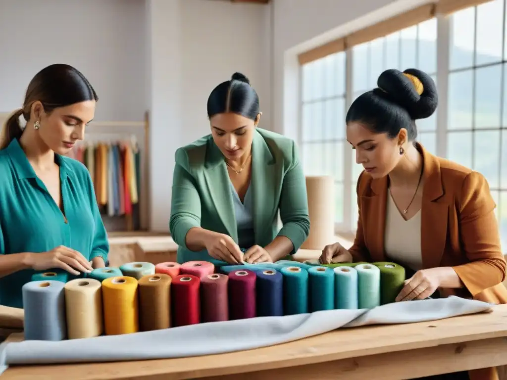 Grupo de artesanos uruguayos creando moda sostenible en estudio luminoso con telas locales en vibrantes colores