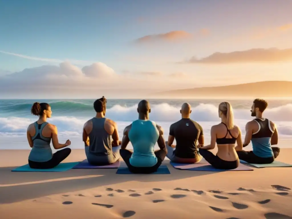 Grupo de atletas uruguayos practicando mindfulness en la playa al amanecer