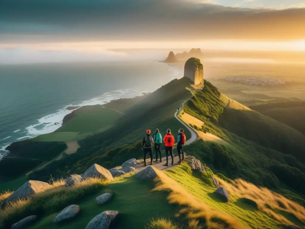 Grupo de aventureros con wearables fitness para aventuras en Uruguay, al borde de un acantilado al atardecer