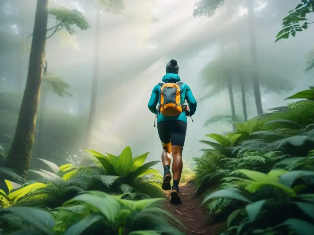 Un grupo de aventureros con wearables fitness para aventuras en Uruguay, explorando bosques verdes bajo el sol