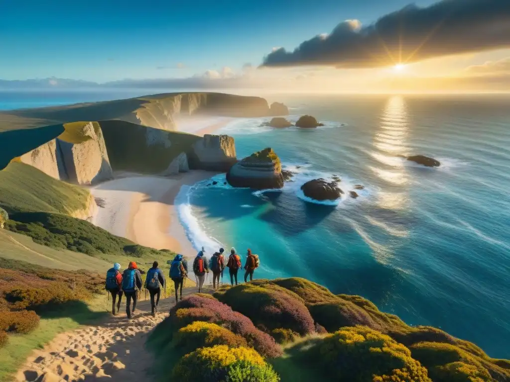 Un grupo de aventureros recorriendo la costa de Uruguay al atardecer, en una escena llena de emoción y belleza