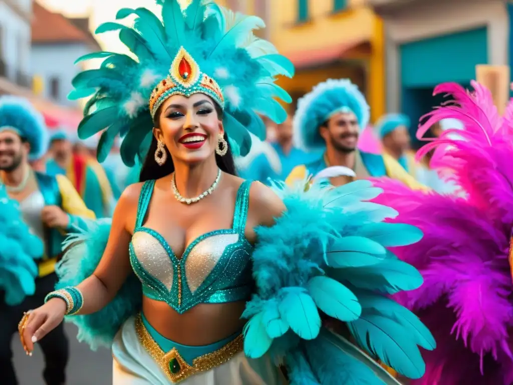 Grupo de bailarines sonrientes en vibrantes trajes de carnaval uruguayo, desfilando con energía en una celebración festiva