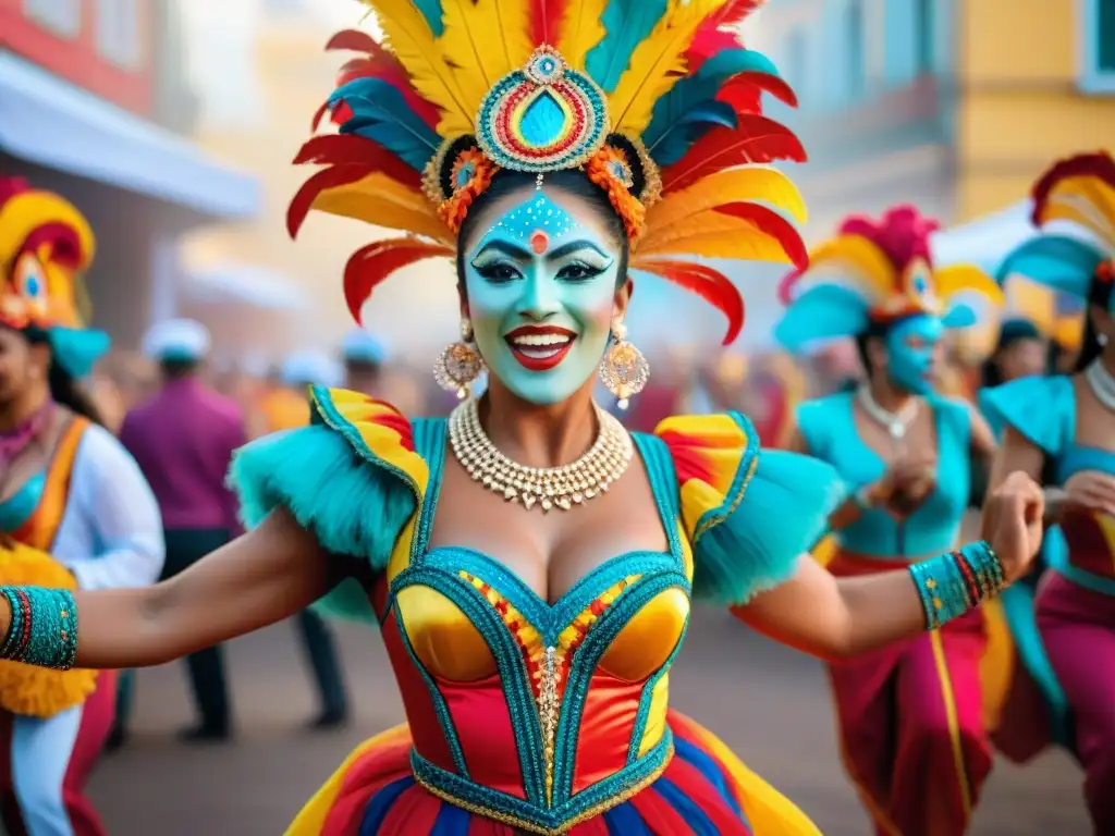 Grupo de bailarines en vibrante carnaval uruguayo, preparación física para carnaval Uruguay