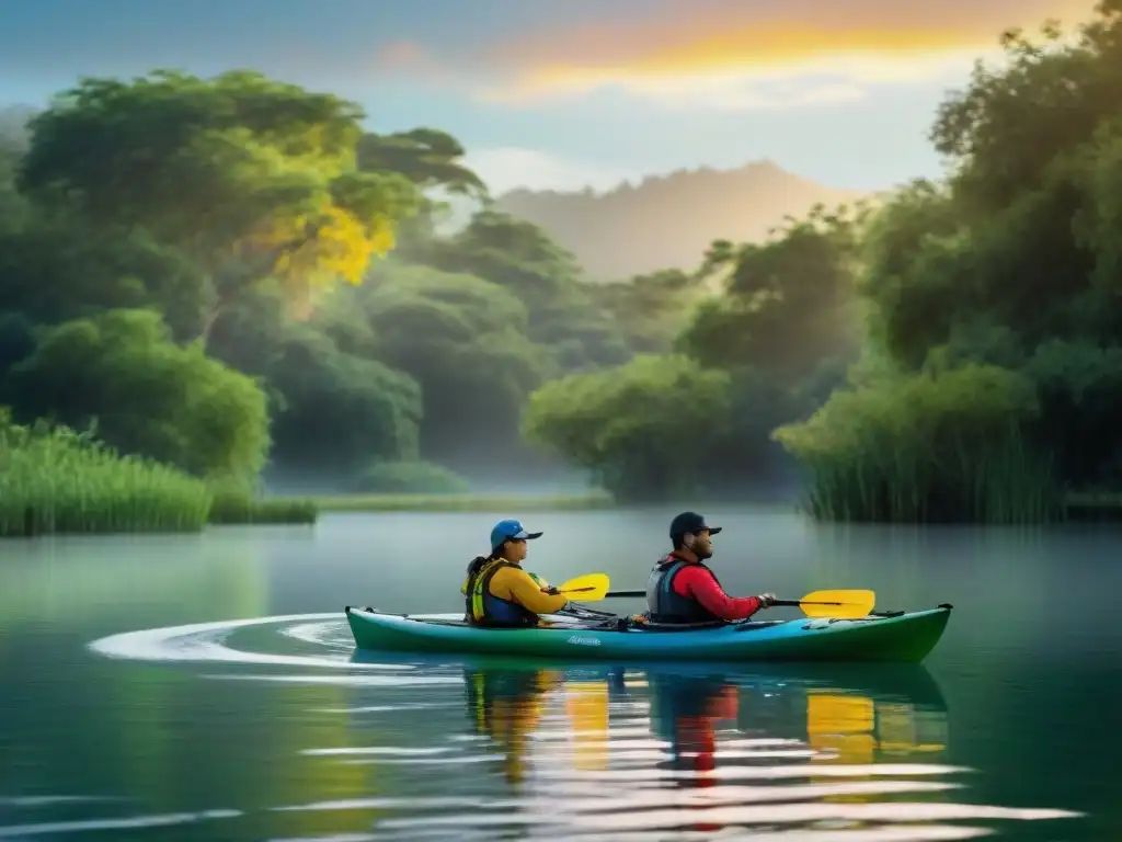 Grupo de kayakers disfrutando de los beneficios de paseos en kayak en las tranquilas aguas de Santa Lucía al amanecer