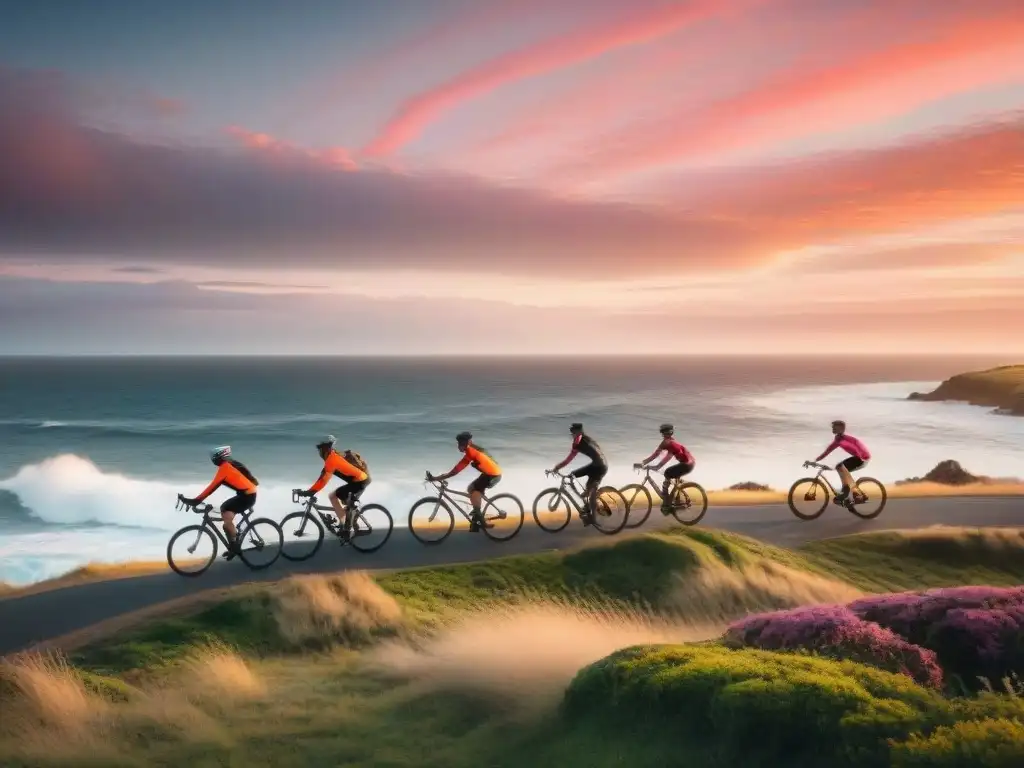 Un grupo de ciclistas recorriendo la costa de Uruguay al atardecer, con tonos naranjas y rosados en el cielo