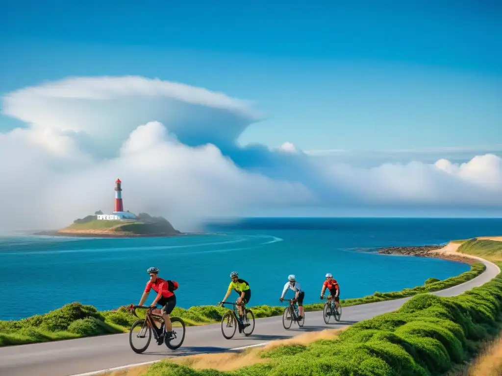 Un grupo de ciclistas diverso pedaleando por la costa de Punta del Este, Uruguay