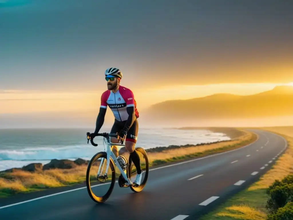 Grupo de ciclistas diverso pedaleando junto a la deslumbrante costa de Uruguay al atardecer, con una cálida luz dorada