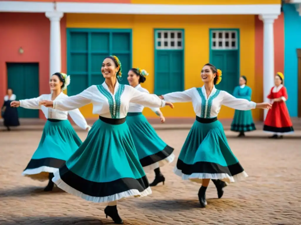 Grupo bailando danza folclórica uruguaya en plaza, uniendo tradición y bienestar físico