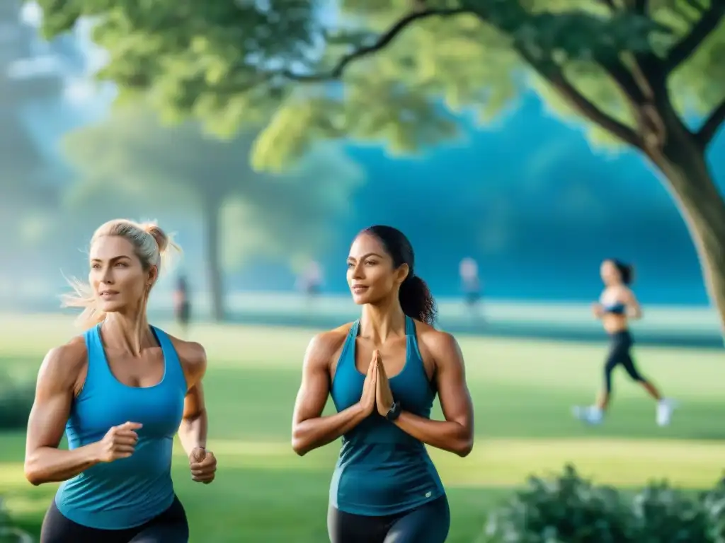 Grupo diverso en actividad física al aire libre con entrenador personal, transmitiendo bienestar integral en Uruguay