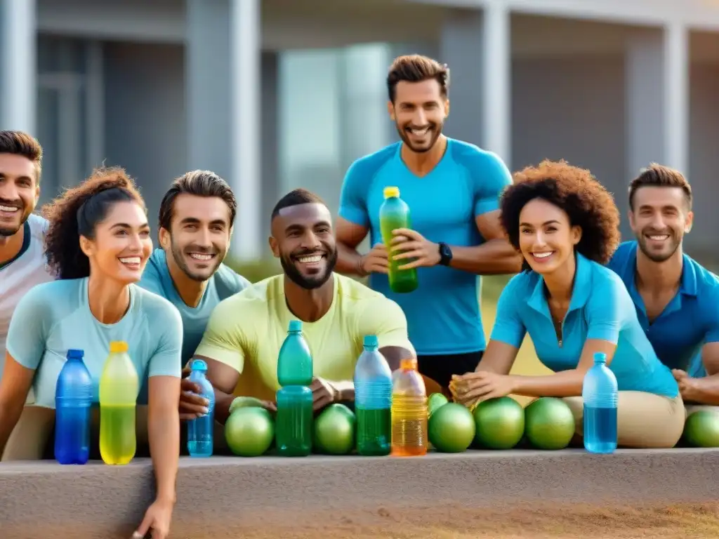 Grupo diverso en Uruguay disfruta actividades al aire libre con botellas de agua