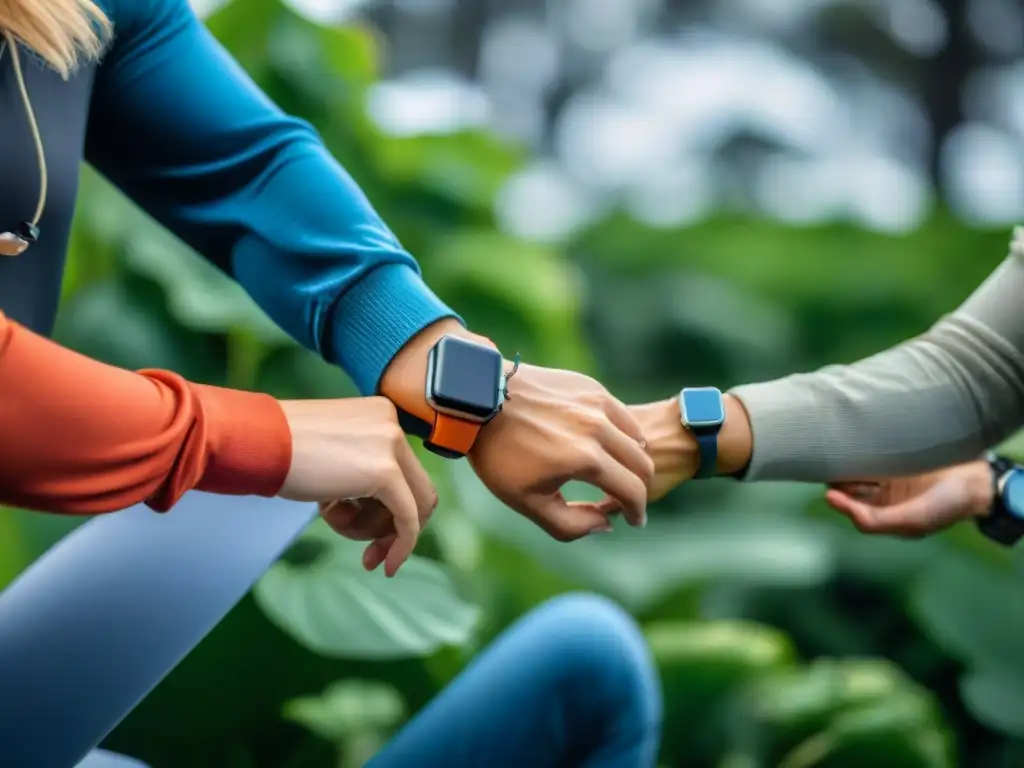 Un grupo diverso con wearables, en actividades al aire libre en un parque verde en Uruguay, promoviendo relaciones saludables con wearables