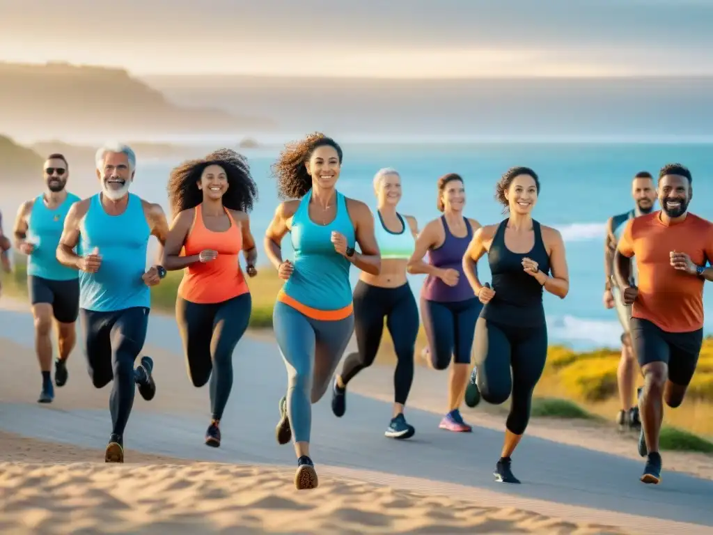 Un grupo diverso disfruta de actividades al aire libre frente a una hermosa playa en Uruguay