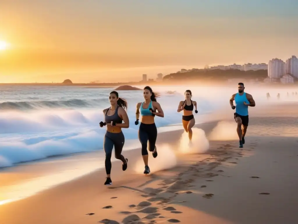 Grupo diverso disfruta de actividades físicas innovadoras en la playa de Punta del Este al atardecer