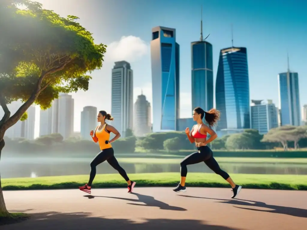 Grupo diverso haciendo actividades físicas para mejorar finanzas en parque urbano de Uruguay