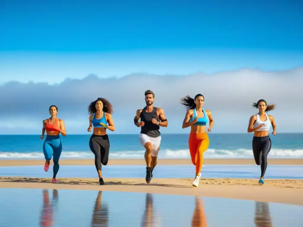 Grupo diverso disfruta actividades físicas en la playa de Uruguay