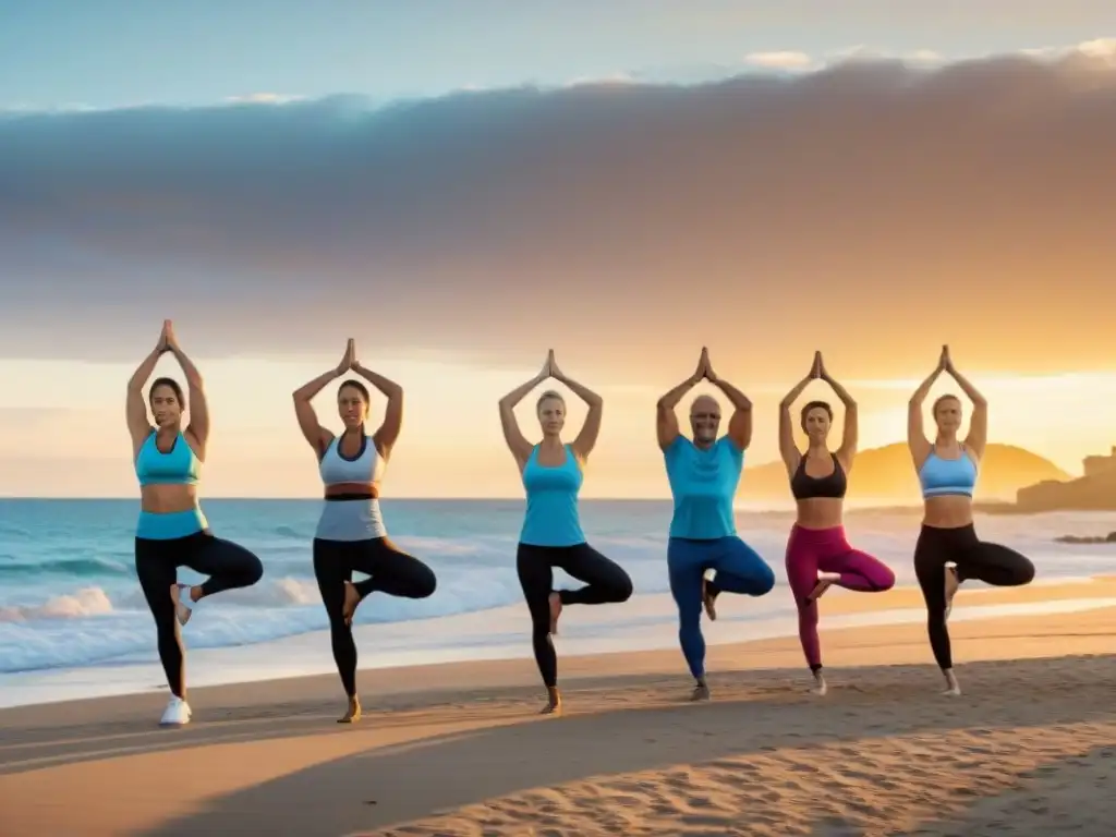 Grupo diverso en actividades fitness en la playa de Uruguay al amanecer, reflejando el estilo de vida fitness en Uruguay