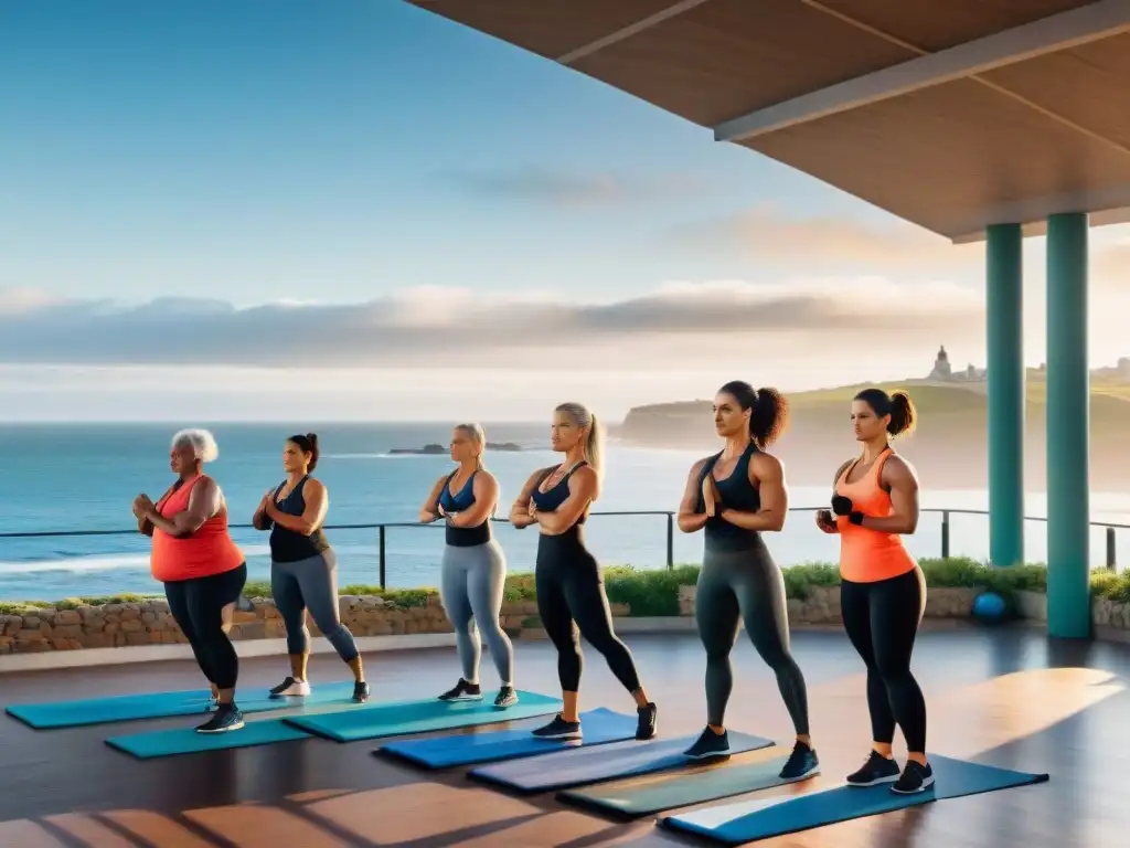 Grupo diverso disfruta de actividades fitness en gimnasio al aire libre con vista al mar en Uruguay