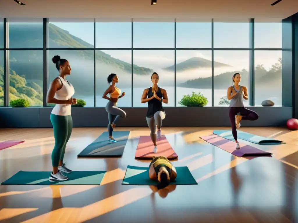 Grupo diverso disfrutando de actividades saludables en un gimnasio moderno con vista exterior, recibiendo coaching personal para bienestar integral