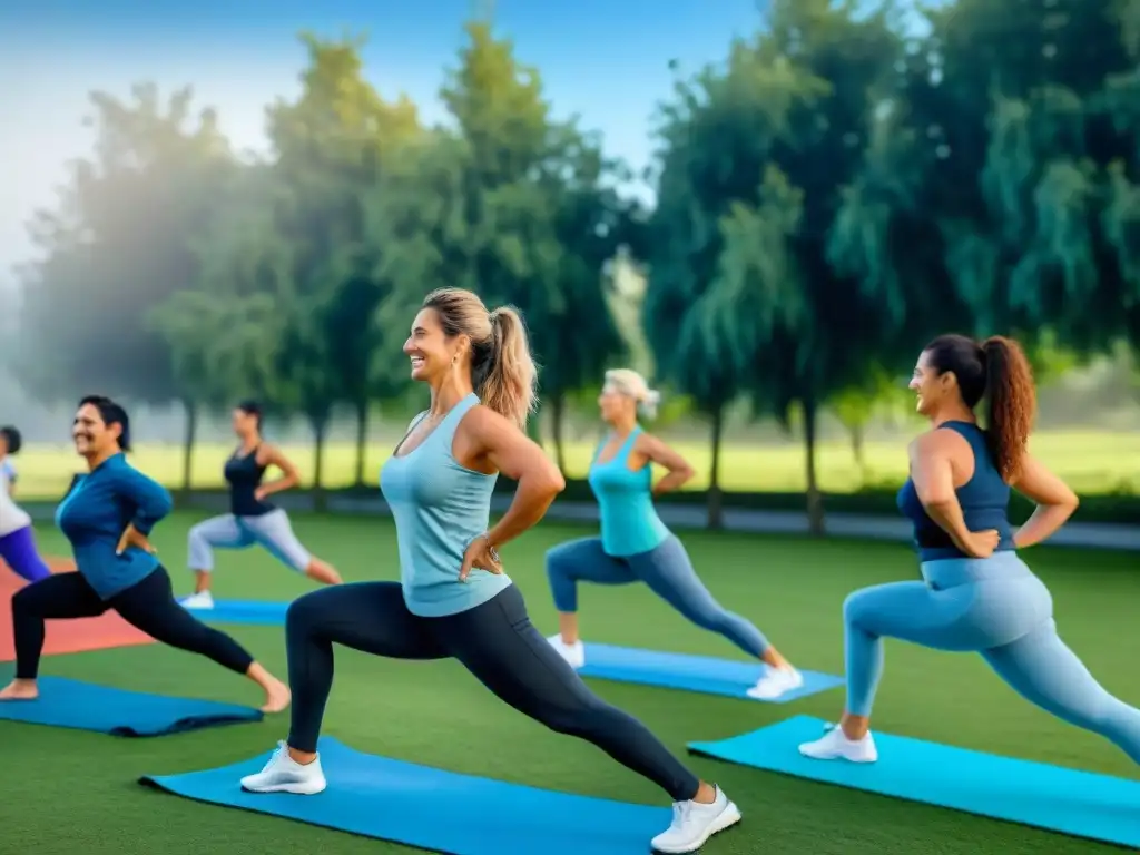 Grupo diverso disfruta de actividades saludables en un parque de Uruguay, promoviendo estrategias bienestar integral en Uruguay