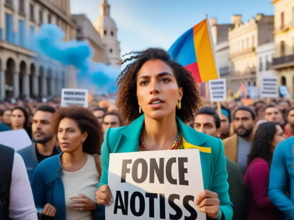 Un grupo diverso de activistas apasionados de Uruguay se unen en solidaridad con carteles coloridos en una plaza llena de energía y esperanza