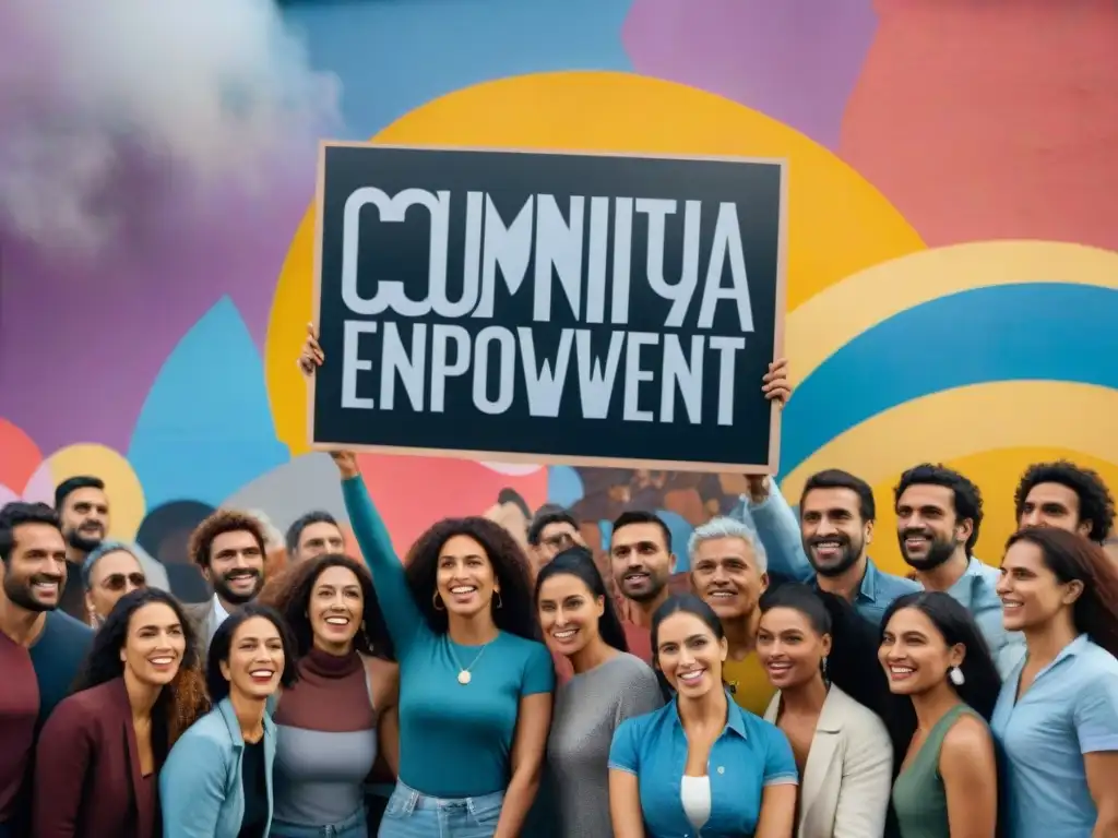 Un grupo diverso de activistas apasionados de Uruguay frente a un mural colorido, unidos por la solidaridad y la esperanza