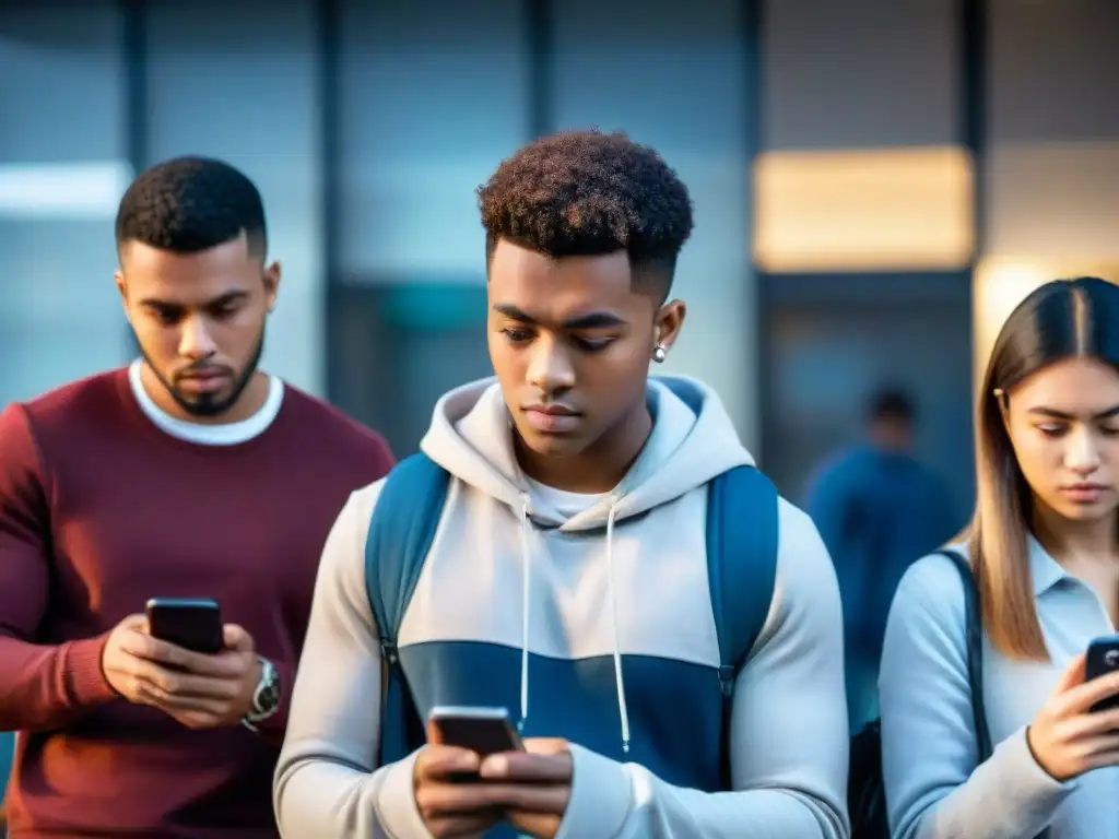 Grupo diverso de adolescentes en escuela moderna, mirando sus celulares con expresiones preocupadas