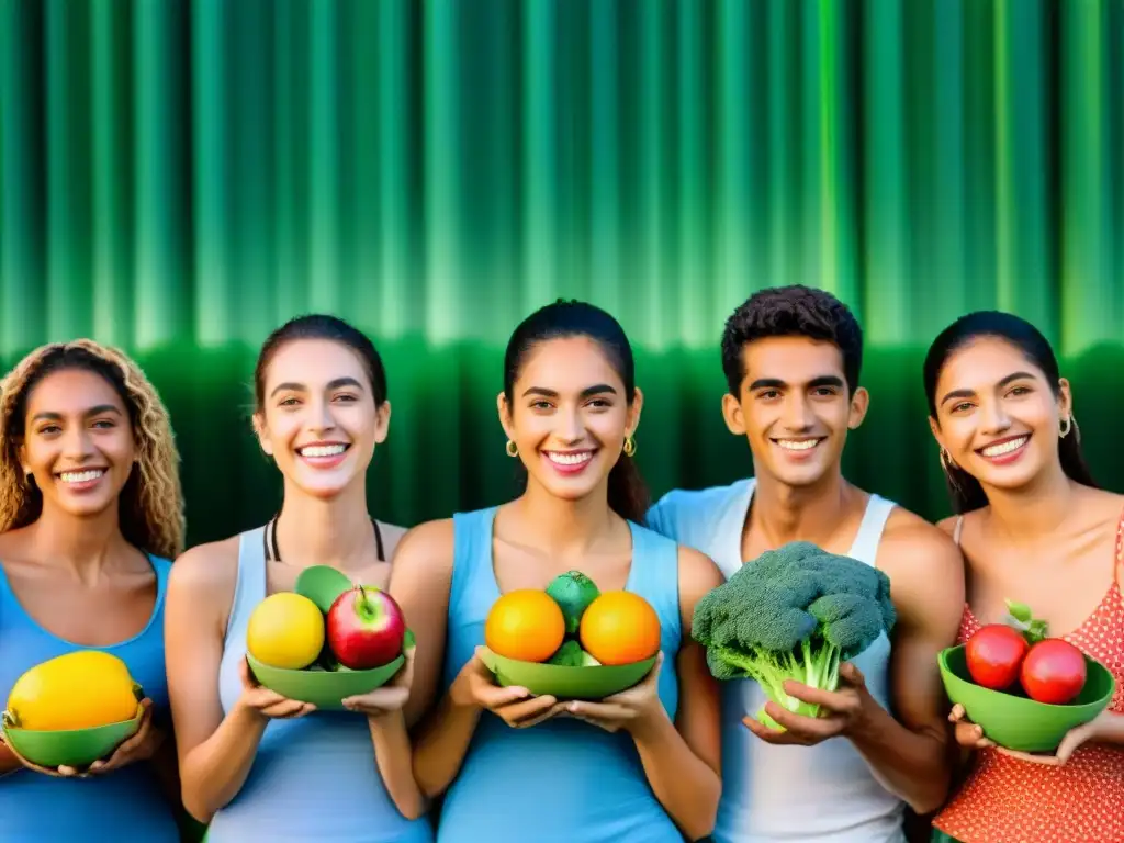 Un grupo diverso de adolescentes uruguayos sonrientes sostienen frutas y verduras frescas en un entorno natural