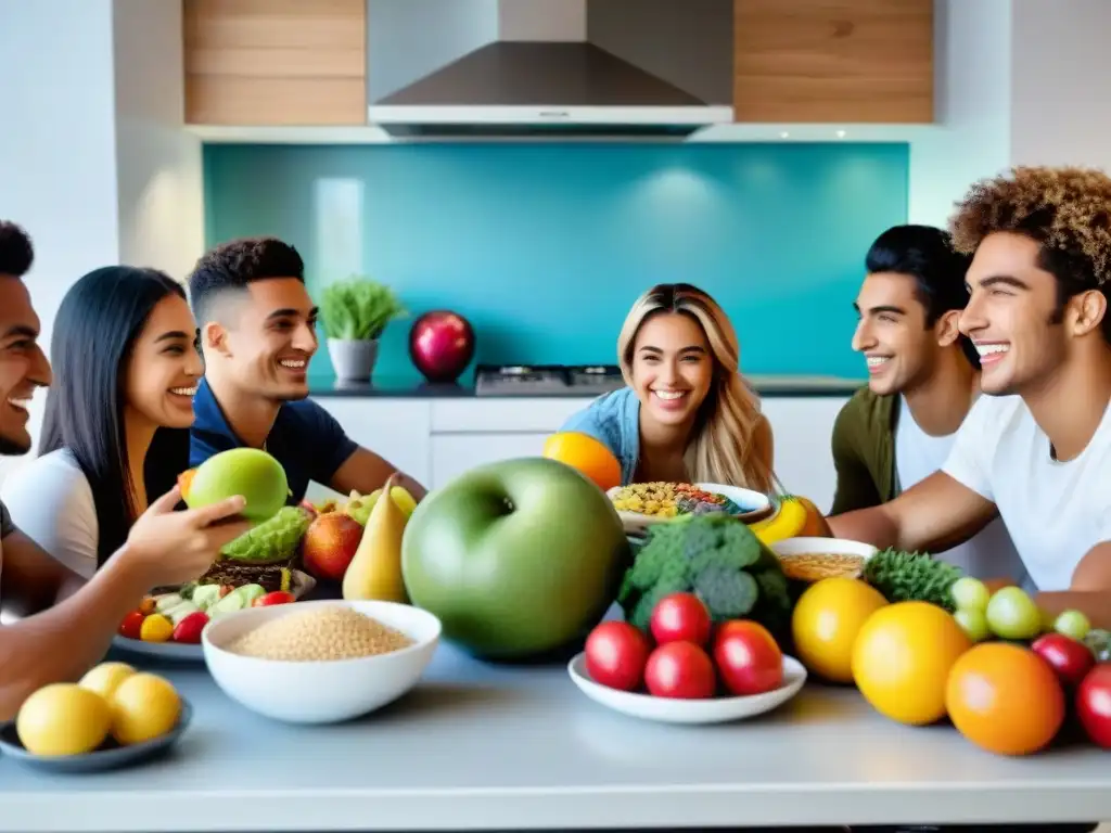 Un grupo diverso de adolescentes uruguayos disfruta de una nutritiva comida en una cocina moderna