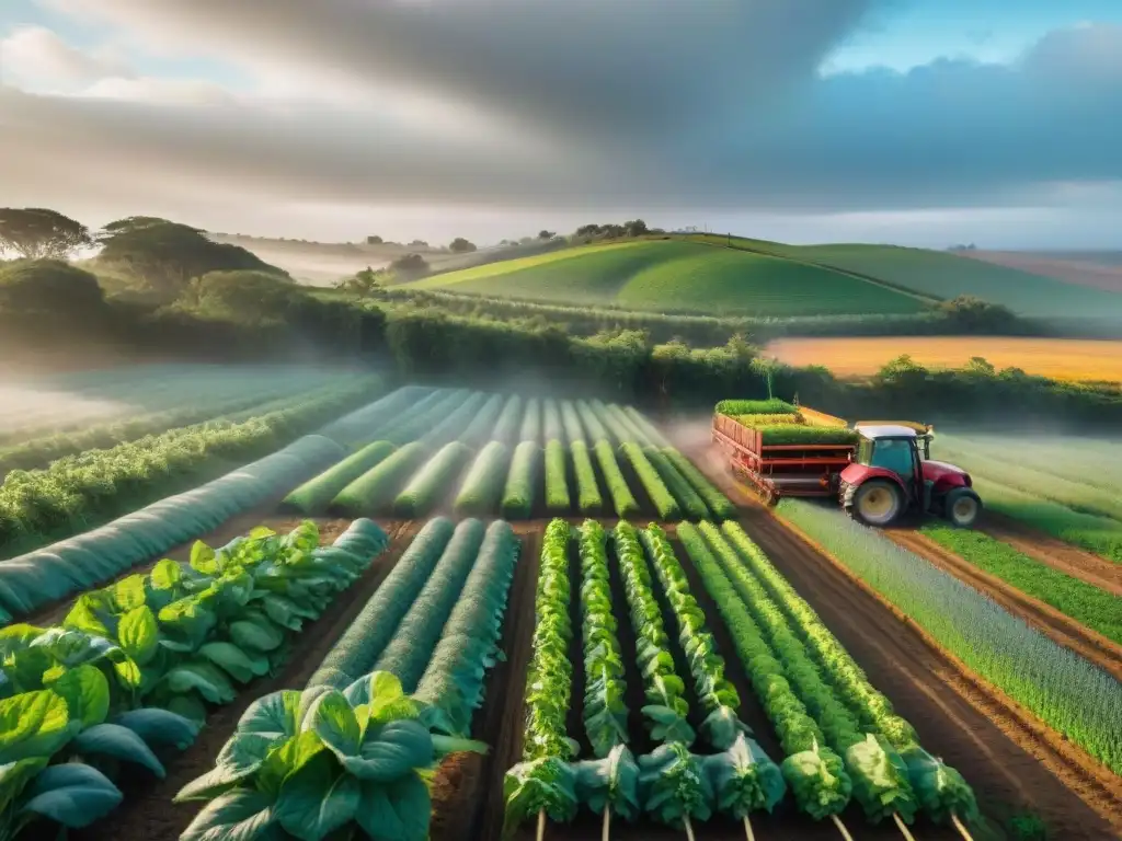 Un grupo diverso de agricultores trabaja en armonía en una granja sostenible en Uruguay, promoviendo la agroecología y la sostenibilidad ambiental