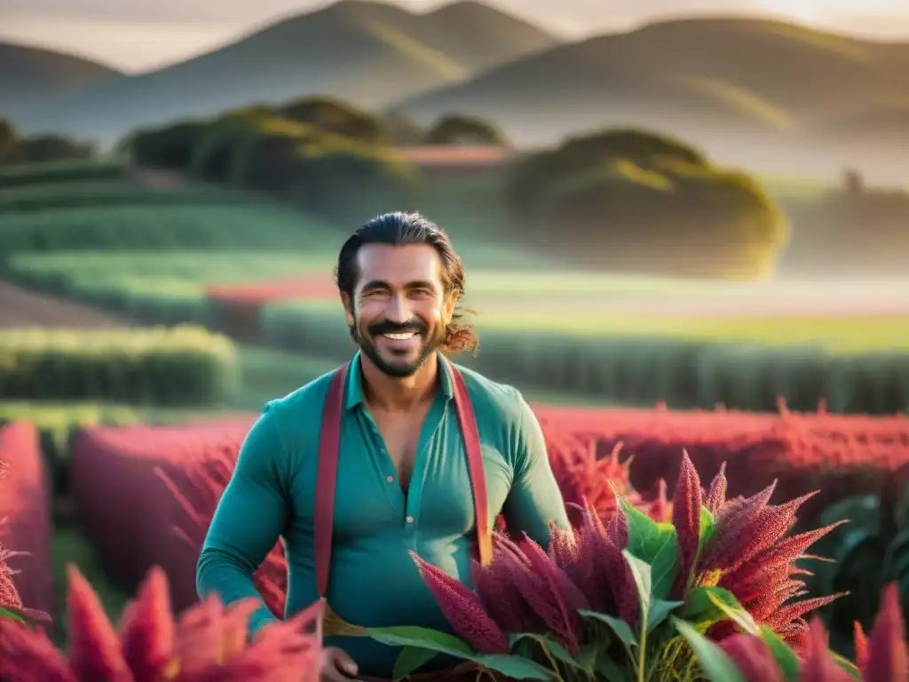 Un grupo diverso de agricultores uruguayos sonrientes recolecta amaranto en un campo, con el sol dorado poniéndose al fondo