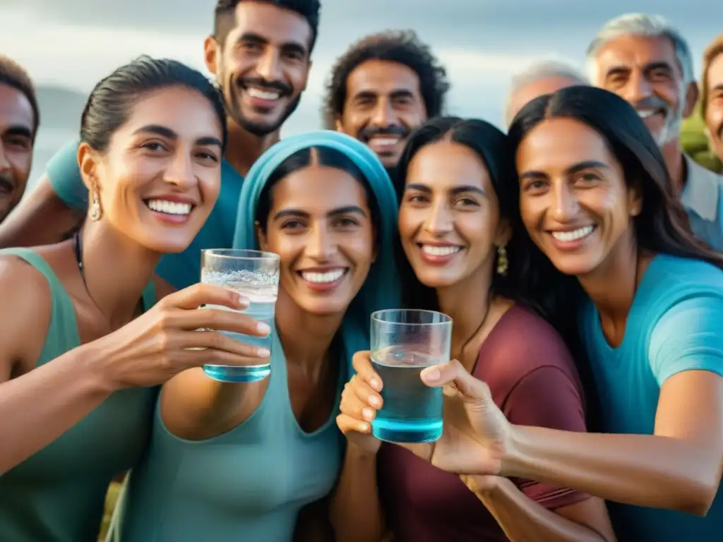 Grupo diverso en Uruguay disfruta agua, reflejando luz solar