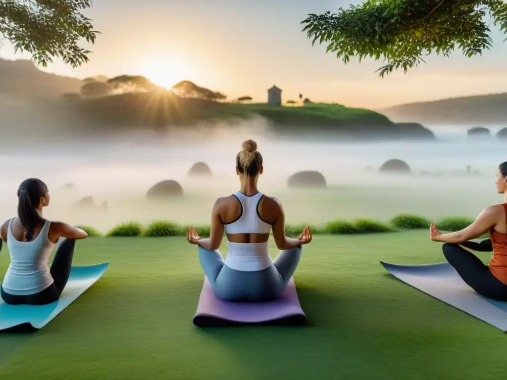 Un grupo diverso practica yoga al aire libre al atardecer en un prado verde en Uruguay