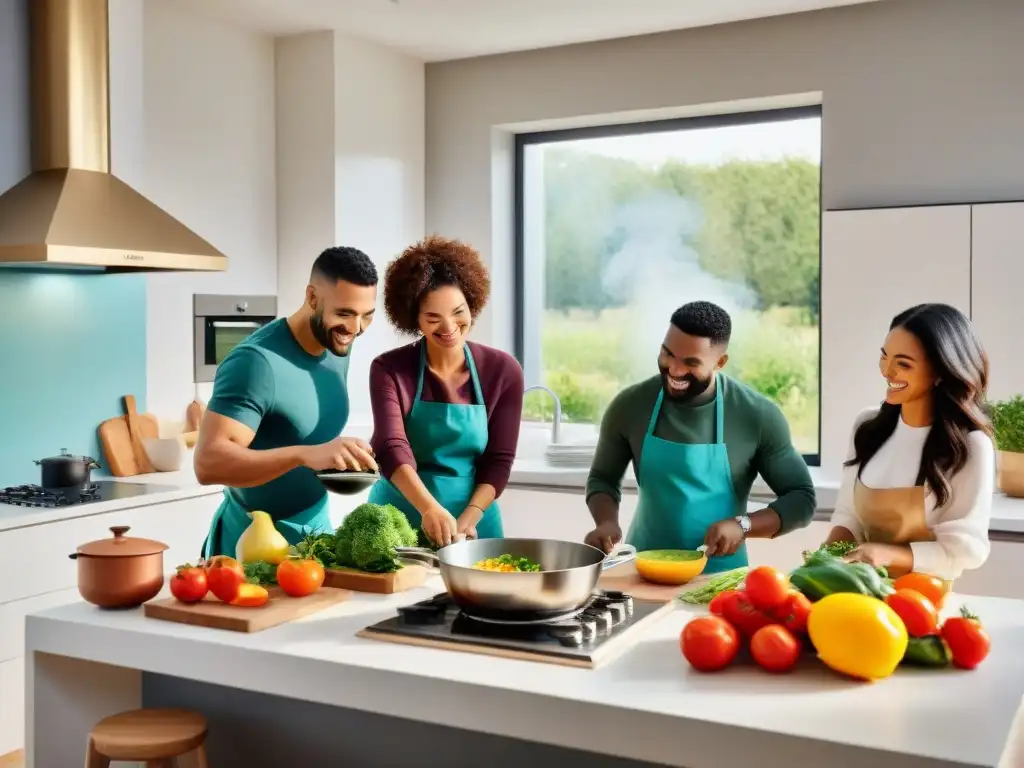 Un grupo diverso y alegre cocina juntos en una cocina luminosa