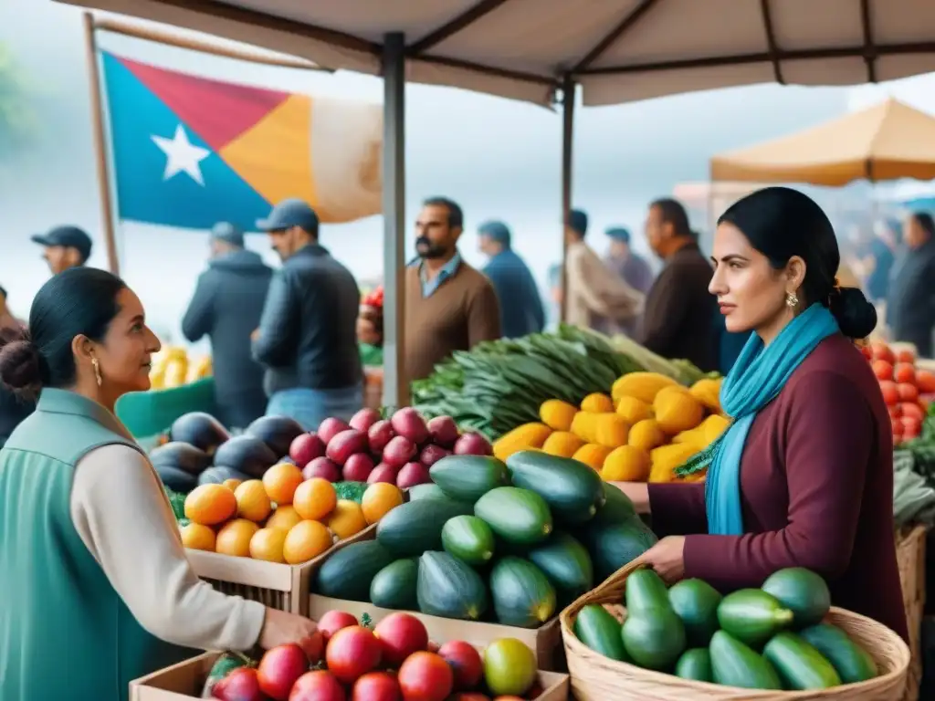 Grupo diverso compra alimentos frescos en mercado al aire libre en Uruguay, prevención enfermedades transmitidas alimentos Uruguay