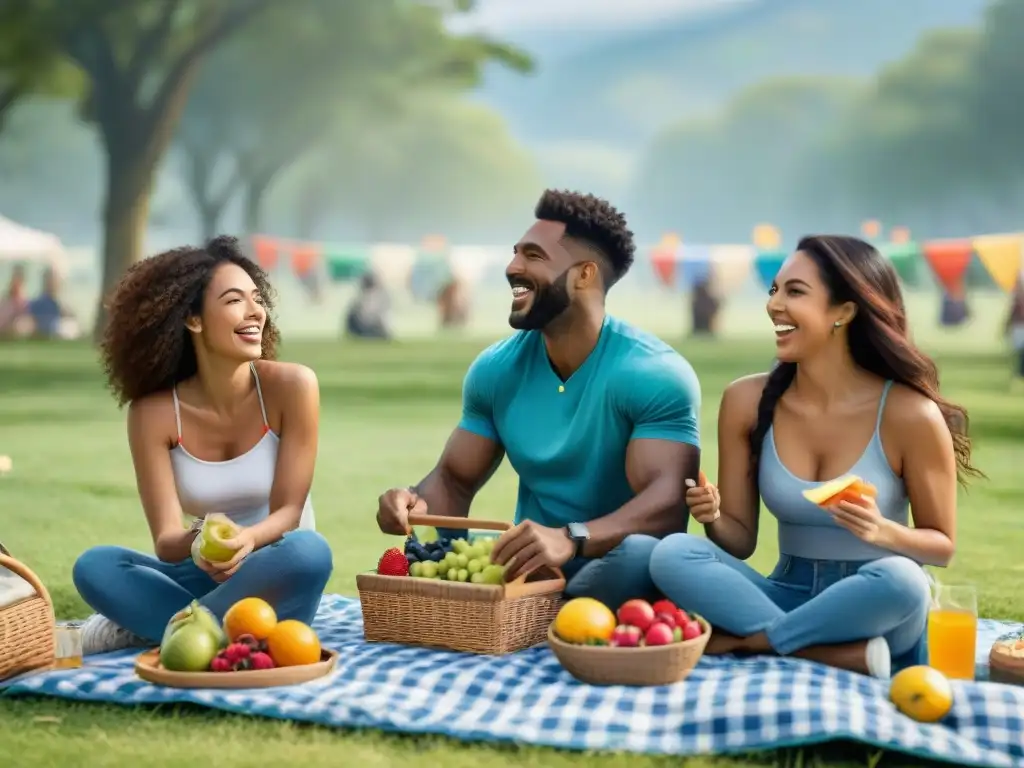 Grupo diverso de amigos disfrutando un picnic en el parque, creando lazos fuertes y conexión con beneficios actividades aire libre relaciones