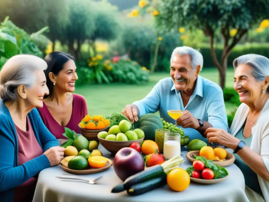 Un grupo diverso de ancianos disfruta de una comida al aire libre en Uruguay, promoviendo la dieta y bienestar emocional