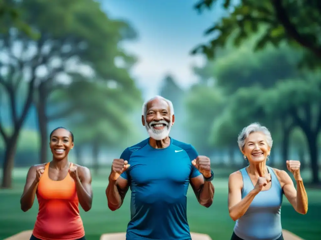 Un grupo diverso de ancianos sonrientes haciendo ejercicio juntos en un parque