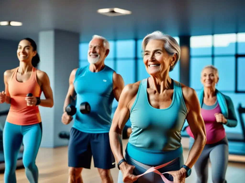 Un grupo diverso de ancianos sonrientes realizando ejercicios para fortalecer huesos en un gimnasio moderno en Uruguay, destacando la importancia de los suplementos de calcio