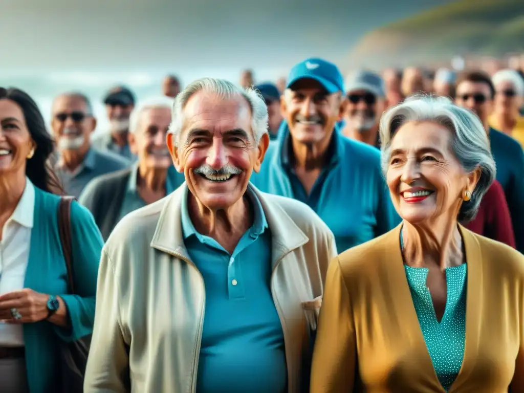 Un grupo diverso de ancianos uruguayos sonríe mientras disfrutan de actividades al aire libre bajo el sol brillante, destacando vitalidad y salud en la tercera edad